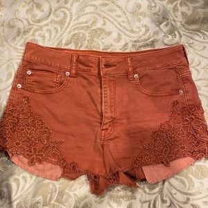 american eagle dusted orange/red shorts high rise festival
